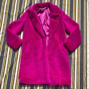 Pink faux fur trench coat